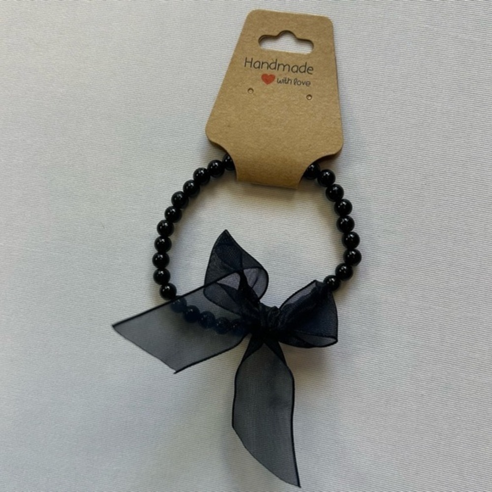 Handcrafted Black Stretchy Beaded Bracelet with Sheer Bow - Picture 2 of 5